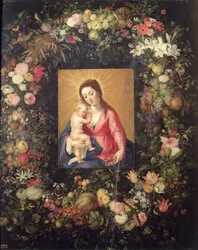 Guirlande van fruit en bloemen met de Maagd en Kind